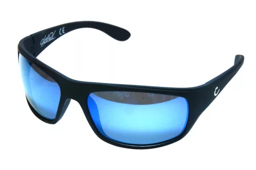 MUSTAD HP POLARIZED SUNGLASSES - BLACK FRAME, SMOKE LENS WITH BLUE REVO