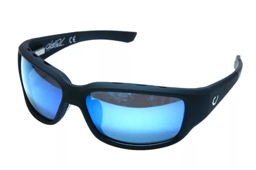 MUSTAD HP POLARIZED SUNGLASSES - BLACK VENTED FRAME, SMOKE LENS WITH BLUE REVO
